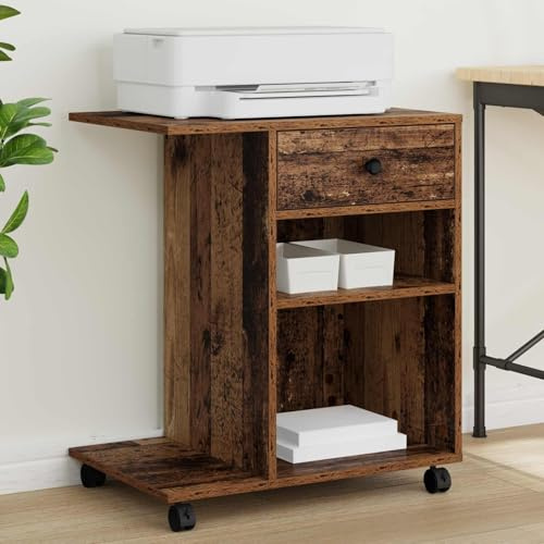 Ziaphsol Soporte para impresora, madera vieja con ruedas, 60 x 40 x 68,5 cm, mesa de impresión, carro de impresora, estante para impresora, contenedor con ruedas, carrito de oficina, oficina en casa