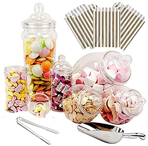 Purple Square 6 Jar Retro Pick & Mix Victorian Sweet Shop Candy Buffet Kit Party Pack with Scoop, Tongs & Bags - Gold Stripe