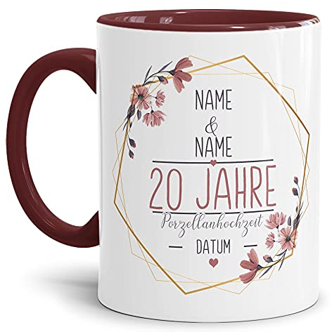 Tasse zum Hochzeitstag Porzellan Hochzeit - mit Name & Datum selbst gestalten - 20 Jahre Ehe, Paar, Geschenk Hochzeit, Jubiläum, Jahrestag I Personalisiert, Keramik Innen & Henkel Weinrot 300 ml
