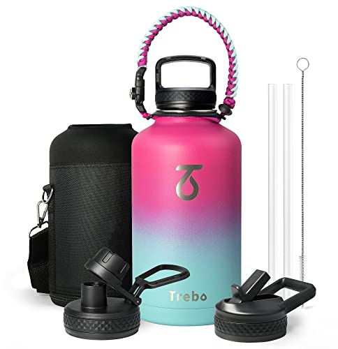 Trebo Stainless Steel Water Bottle 2 L, Wide Mouth Insulated Water Bottle Double with Paracord Handle Sports Bottle Keep Cold 48 Hours Water Bottle with 3 Lids, Rose Red