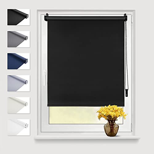 Eurohome Blackout Thermal Roller Blind 40 x 130 cm (Fabric Width 36 cm) Black Klemmfix No Drilling with Same Colour Coating Side Pull Roller Blind Oeko-TEX Standard 100 Clamp-On Roller Blind for