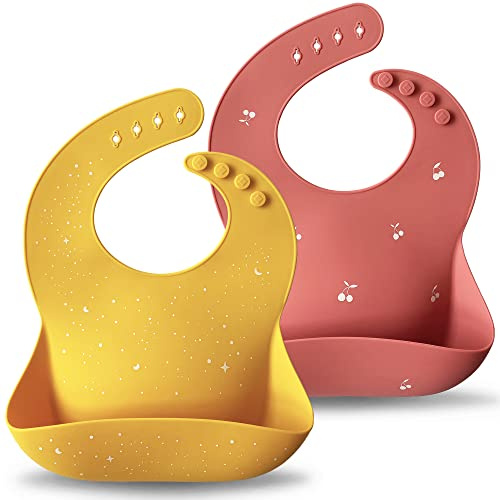 Moonkie Babyhaklappar | 2 Pack Silikonhaklappar | Vattentät Haklapp med Uppsamlingsbricka | Mjuka och Hudvänliga | Justerbar | Tvättbara | för Pojkar och Flickor(Ljusröd/Mörkgul)