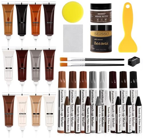 SEISSO Wood Furniture Repair Kit, Set of 36 with Wood Putty, Beeswax, Furniture Touch Up Pens, Laminate Floor Repair Kit for Repairing Scratch, Cracks, Hole, Door, Floor, Table, Cabinet