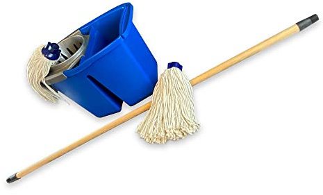 Kibros Kit Balai Franges Espagnol Seau Double bac 2×7 L essoreur | Seau double bac 2×7 L, essoreur espagnol clipsable, manche 1,25 m inclus, lavage professionnel sols toutes surfaces.