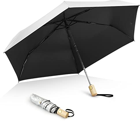 G4Free UPF 50+ UV Protection Travel Umbrella with Wooden Handle, 42 Inch Lightweight Sun Rain Folding Umbrellas Auto Open Close (Black)