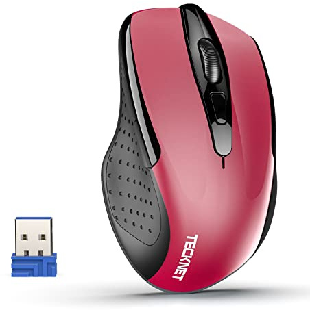 TECKNET Silent Kabellose Maus, 2.4GHz Leise Funkmaus mit Nano Empfänger, 4000 DPI Optical Tracking, 6 Einstellbare DPI Stufen, 24 Monate Batterielaufzeit, Kompatibel mit PC, Mac, Laptop - Rot
