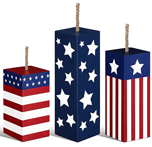 3 Pcs 4th of July Tiered Tray Decor Wooden Firework Sign Rustic Patriotic Fireworks Centerpiece Wood Memorial Day Decorations for Farmhouse Independence Day Home Table Decor (Rectangular)
