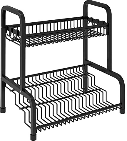VA-Cerulean Gewürzregal,2 Etagen Küchenregal aus Metall mit 8 Haken,Küchenarbeitsplatte Organizer für Aufbewahrung Gewürzen,Ölflaschen,Kosmetik(Schwarz)