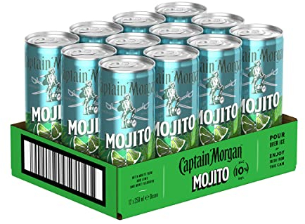 Captain Morgan White Rum Mojito, Erfrischendes Mixgetränk mit 10 Prozent Alkohol, 12 Dosen x 250 ml (EINWEG Verpackung), Weißer Rum mit Limetten- und Minzgeschmack für unterwegs