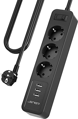 JSVER Power Strip med USB Power Strip 3 uttag med 3 Laddningsportar (3680 W 16 A) USB Väggfäste med 3 m Kabel, för Smartphone, Surfplatta-Svart