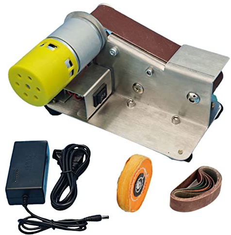 Mini lijadora de banda, máquina de lijado de banco de bricolaje, afilador de bordes Apex de cuchillo eléctrico, máquina de banda de pulido multifuncional con 10 cinturones para metal, madera, alumin