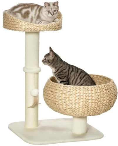 PawHut 72cm Árbol para Gatos con 2 Camas, Rascador para Gatitos Beige | Torre para gatos, Pelota de juguete