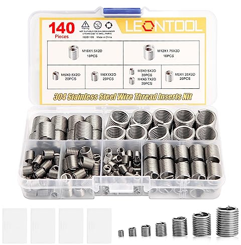 LEONTOOL 140 Pcs 304 Stainless Steel Wire Thread Inserts Steel Sheath Helical Type Coiled Wire Screw Repair Sleeve Assortment Kit Screws Sleeve Helicoil Type Thread Repair Kit Coiled Spiral Screw Kit