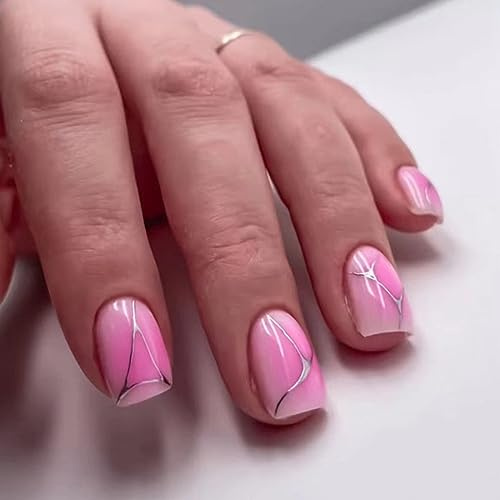 24 Stück Nägel Zum Aufkleben Kurz, Glossy French Rouge Gradient Künstliche Nägel, Eckig Acryl Kunstnägel Press on Nails mit Klebepads, Fingernägel Fake Nails für Frauen und Mädchen