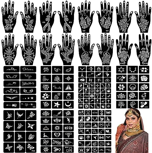23 Blatt Henna Tattoo Schablone Kit, Henna Schablonen Temporäre Tattoo Schablonen Indischer Arabischer Hände Tattoo Tempel Aufkleber für Frauen