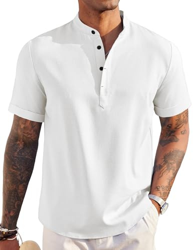 COOFANDY Men's Linen Henley Shirt Short Sleeve Hippie Casual Beach T Shirts