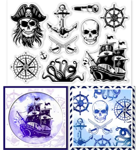 GLOBLELAND Klare Stempel Mit Piratennavigation Piratenschiffe Kapitäne Skelette Silikon Klare Stempelsiegel Für DIY Scrapbooking Karten Fotoalbum Tagebuch Heimdekoration
