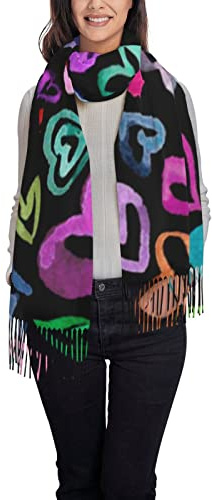 ReesEt Buntes Herz Damen-Schal mit Fransen, groß, weich, Kaschmir-Gefühl, Tücher, Wickel, leichte Stola, 197 x 72 cm