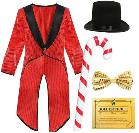 Adults Chocolate Factory Boss Costume - Medium - Red Sequin Tailcoat, Black Top Hat, Gold Sequin Bowtie, Inflatable Candy Cane, Golden Ticket - Adults World Book Day Book Week Fancy Dress Costume