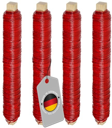 ECENCE Set da 4 Filo di Ferro zincato, 35m x 0,65mm - Filo di Ferro Modellabile - Filo da Giardino Avvolgente su Bobina in Legno per Piante e Fiori - Colore: Rosso