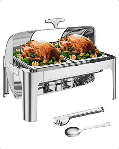 Takywep Roll Top Chafing Dish Buffet Set, 9QT Stainless Steel Chafer with 2 Half Size Pans, Rectangle Catering Warmer Server with Visible Lid Water Pan Stand Fuel Holder Clip