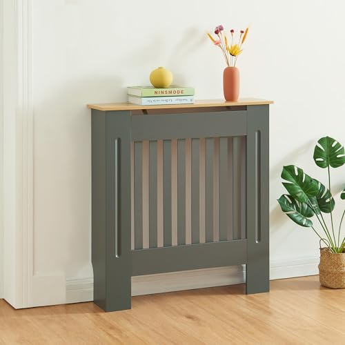 Panana Radiator Cover, Traditional Wood Grill Design MDF Wood Cabinet Radiator Covers, Grey with Wood top (Small -78cm Width)