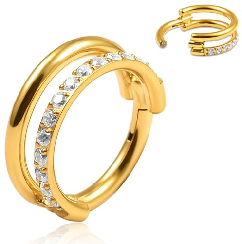 Vankula Septum Ring G23 Titanium 8mm 16g Hinged Segmentring Clicker Double Loop CZ Nasenpiercing Helix Daith Tragus Conch Piercing Schmuck für Frauen und Männer Gold