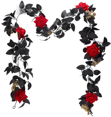 PH PandaHall Künstliche Schwarze Rosenranke (30) cm Rote Blumenrankengirlande Florale Wanddekoration Girlande Mit Goldenen Beeren Und Schwarzen Blättern Für Zimmerspiegel Halloween Dekor