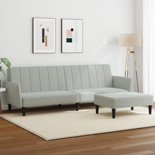 Willood Klappbares Schlafsofa Couch Sofa mit Schlaffunktion Bettsofa 2-Sitzer mit Fußhocker Hellgrau Samt Schlieren