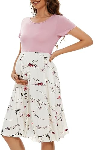 WOOXIO Dammode kortärmad moderskapsklänning med fickor lapptäcke graviditetskläder, Rosa-blommig vit, S