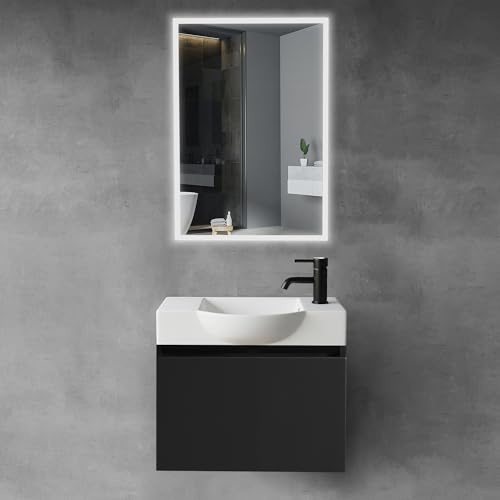 Alpenberger Juego de muebles de baño con lavabo, armario de baño colgante, lavabo con armario inferior, armario de baño con espejo, muebles de baño para baños pequeños + inodoro para invitados,