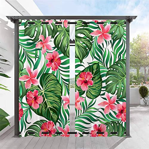 Tropische Pflanzen Palmblatt-Outdoor-Vorhänge, wasserdicht und winddicht, Ösen oben und unten, Vorhänge für Garten, Terrasse, Pavillon, Pergola, 2 Paneele, 132 x 213 cm, Blumendruckmuster enthalten