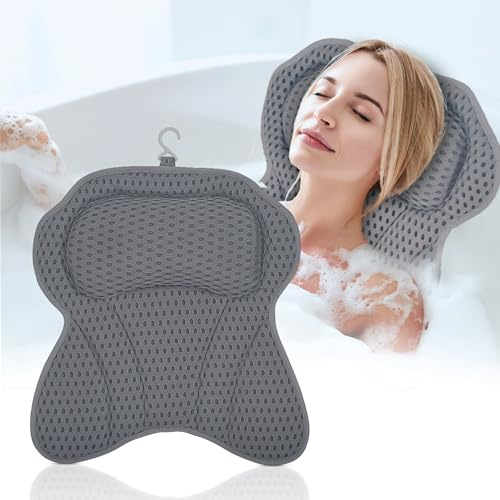 LEODERA Badewannenkissen Grau L - Badekissen für Badewanne - ergonomisches Nackenkissen für die Badewanne - Badekissen mit 6 extra starken Saugnäpfen - Badewannen Zubehör