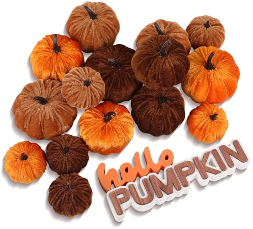 PurpleSwan 17 Pack Fall Artificial Velvet Pumpkins Decorations, Foam Faux Flocked Pumpkin Including Wooden Hello Pumpkins Sign, for Home Autumn Harvest Theme Party Halloween Thanksgiving Table Decor.