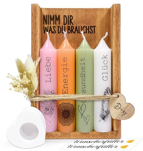 Kerzenset mit Kerzenständer, Geschenke für Frauen, Geschenke für Freundin Schwester zum Geburtstag, Nimm dir was du brauchst Kerzen, Kerzen Deko Geschenkidee mit Holzbox Trockenblumen