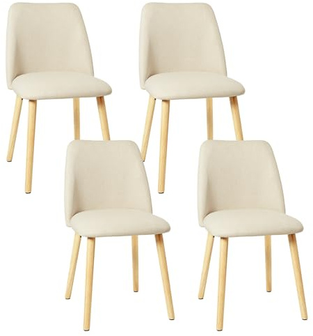 Goeurvant Esszimmerstühle 4er Set mit Holzbein, Moderner Küchenstuhl mit Filzgleiter, Polsterstuhl aus Leinen für Esszimmer Wohnzimmer, Creme