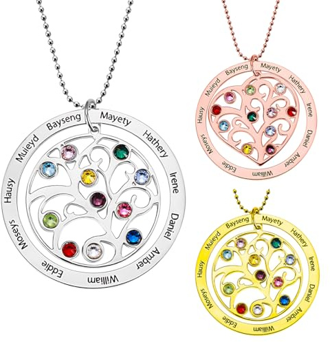 Personalisierte Stammbaum Halskette mit Geburtsstein - Benutzerdefinierte Namenskette mit Familien Namen - Geschenk für Mama Oma Großmutter - Personalisiertes Anhänger für Muttertag Silber oder Gold