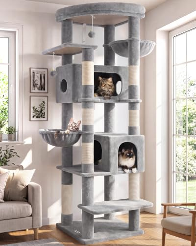 Globlazer Árbol Rascador Grande Alto 188 cm con 2 Grandes Nidos, 48 * 48CM Plataformas Acolchada, 2 Felpa Cesta, Estable Árbol Torre para Grande Gato 3-5 Adulto Gatos Más de 5 kg (S74, Gris Claro)