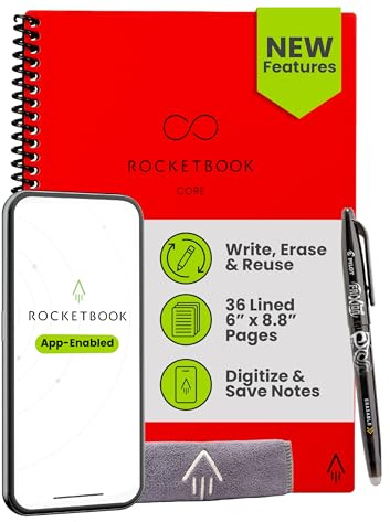 Rocketbook New Core wiederverwendbares Spiralbuch, Executive-Größe, 15,2 x 22,4 cm, rot – linierte Seiten, App-verbunden, löschbar, robuster Einband, ideal für Schule, Arbeit und kreative Projekte
