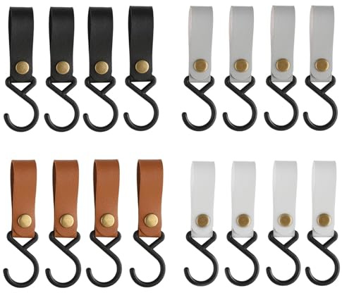 16 Stück S Haken mit Lederschlaufe Haken zum Einhängen für Kleiderstange, S-förmige Leder Camping Haken, 16 x 2cm Multifunktions Leder Haken für Mantel, Handtuch, Küche, Badezimmer (4 Farben-01)