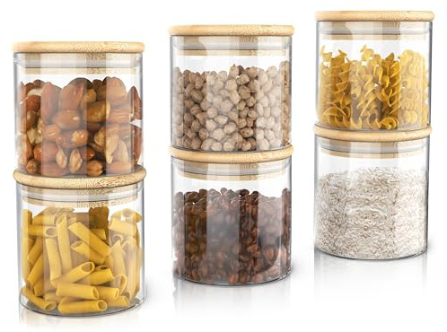 Arendo - Vorratsgläser mit Deckel - 6er Set - Behälter aus Glas – hitzebeständig – Vorratsdosen mit Bambusdeckel - luftdicht - für Müsli Zucker Mehl Kaffee Reis
