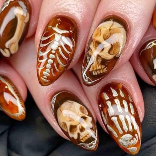 Carufin Gotico Halloween cranio unghie arte disegni, unghie lunghe Stiletto premere, scheletro e rose modelli 3 stili per le donne (S)