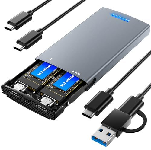 Dual Bay M.2 Nvme SSD Enclosure, 20Gbps External Drive Duplicator with RAID 0/1, JBOD & Clone Function, USB 3.2 Gen2x2 Type-C Dual Bay Enclosure for M.2 NVMe PCIe SSD