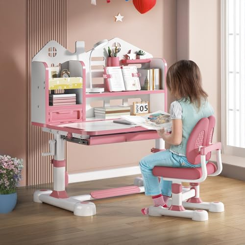Kinder-Schreibtisch- und Stuhl-Set, höhenverstellbarer Arbeitstisch mit 50 Grad neigbarem Schreibtisch, ergonomischer Studentenarbeitsplatz, Schreibtischstuhl-Set mit Bücherregal