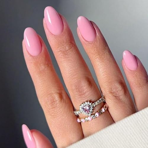 Pink Solid Color Press on Nails Short Almond Fake Nails Pink False Nails Cute Natural Solid Summer Acrylic Artificial Nails Kit for Women Manicure Decoration 24 Pcs
