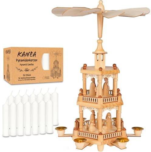 BRUBAKER Pyramide de Noël avec Lot de 50 Bougies Blanches - Carrousel Rotatif à Trois Niveaux avec Figurines en Bois Peintes à la Main - Décoration de Fête de 44 cm - Finition Naturelle