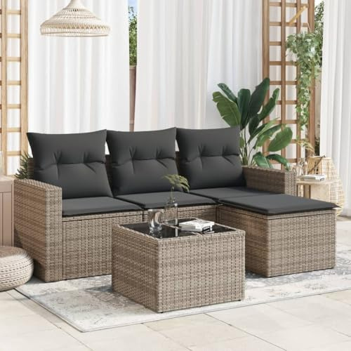 Kaloriko 5-TLG. Garten-Sofagarnitur, Grau Poly Rattan Loungeset, Modulares Outdoor Möbelset mit Glasplatte, UV-beständig, inkl. Kissen, für Terrasse, Balkon