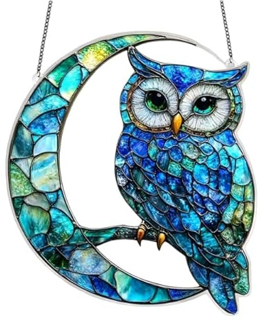Owl Suncatcher Teal, Whimsical Stained Glass Window Decor for Women Home Garden, Unique Acrylic Car Charm Hanging Ornament