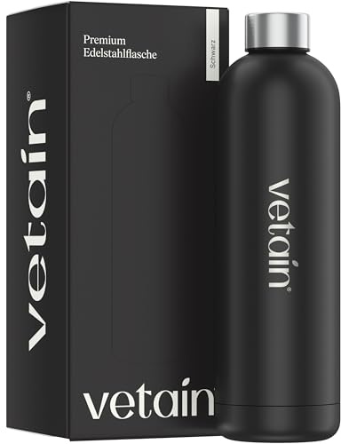 VETAIN Premium Edelstahl Trinkflasche 1L - BPA-Frei, Isoliert, Kohlensäure geeignet - Auslaufsichere Wasserflasche für Sport, Outdoor - Thermosflasche Schwarz