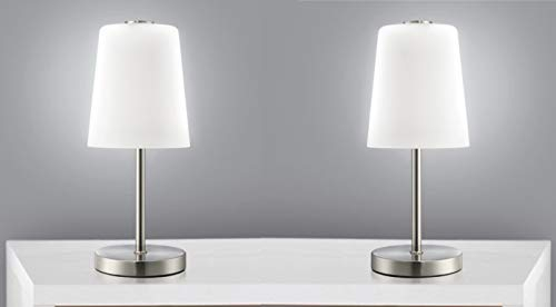 Trango 2er Pack 2017-95T stufenlos Touch dimmbar LED-Schreibtischlampe in Nickel matt mit satiniertem Glasschirm *BOSTON* Tischleuchte, Nachttischlampe inkl. je 1x 5 Watt LED Modul 3000K warmweiß